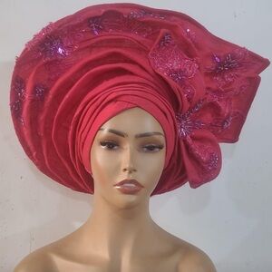 Embellished Red Gele Headwrap